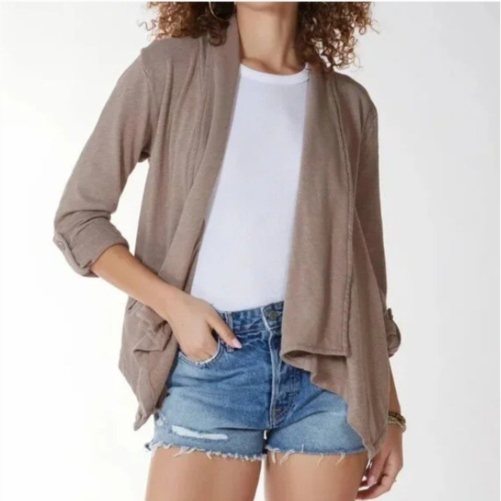 bobi Taupe Open Draped Lightweight Cardigan